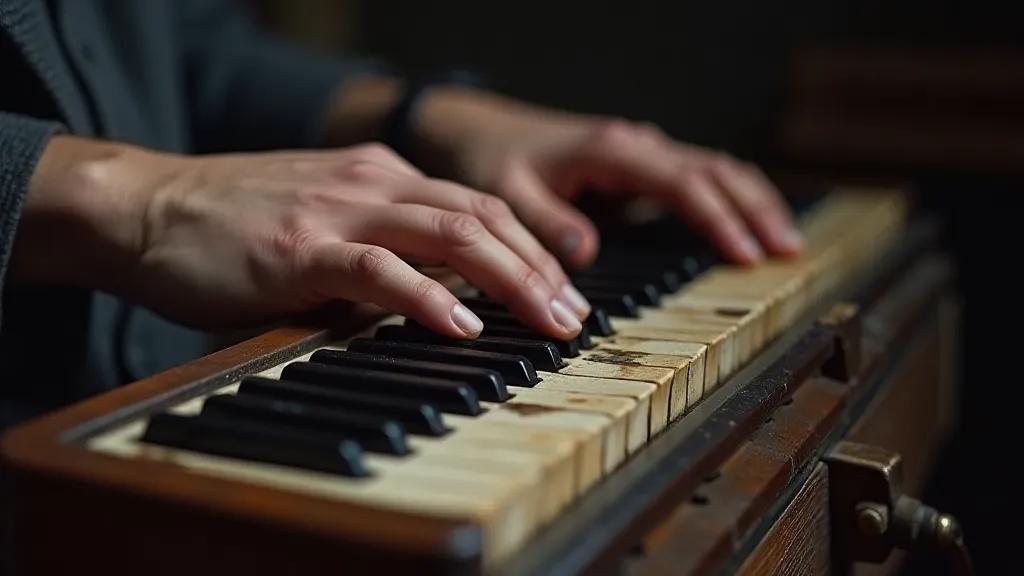 Hands holding an antique accordion keyboard