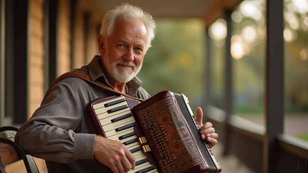 Man playing accordion on a porch