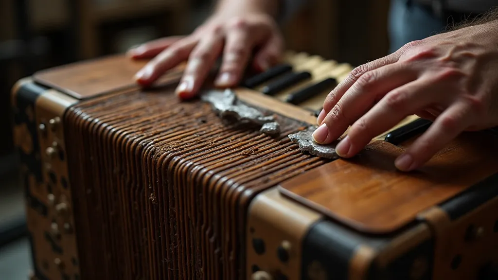 Hands restoring an antique accordion