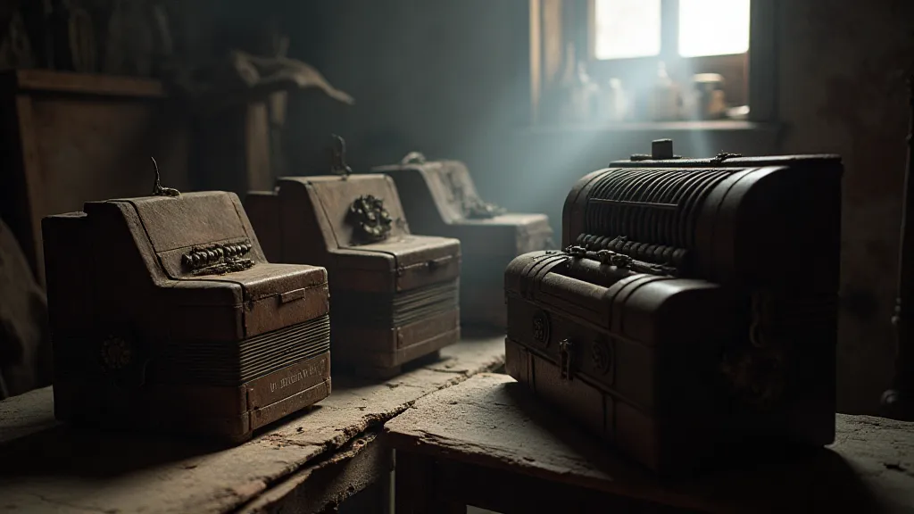 Antique accordions in a workshop