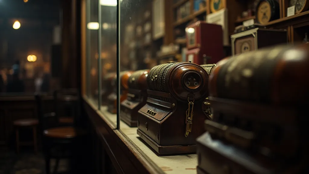 Antique accordions on display in an antique shop