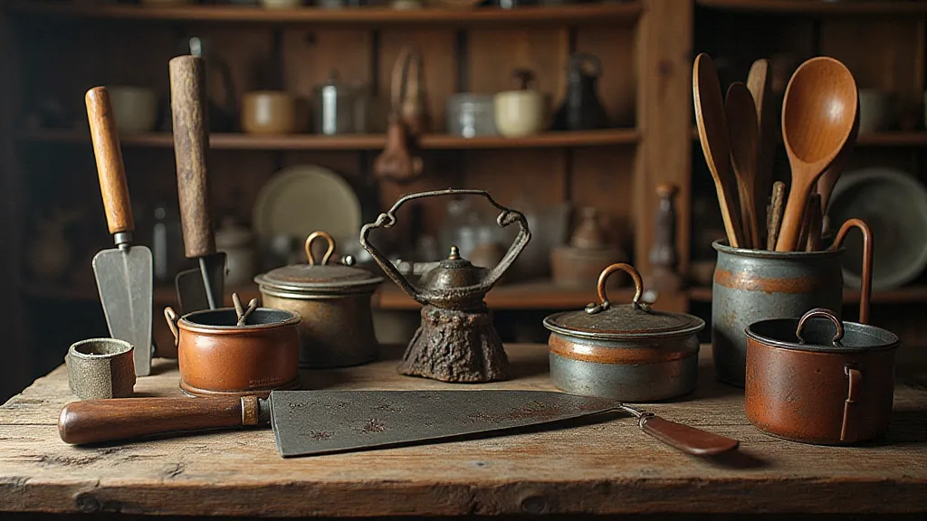 Antique cooking tools on a wooden surface
