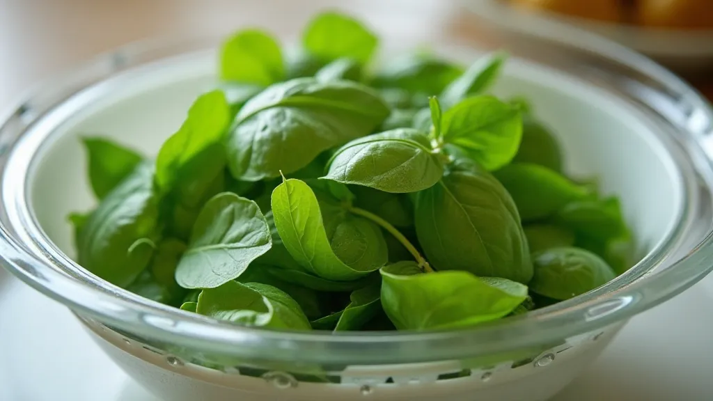 Basil leaves being spun in a salad spinner