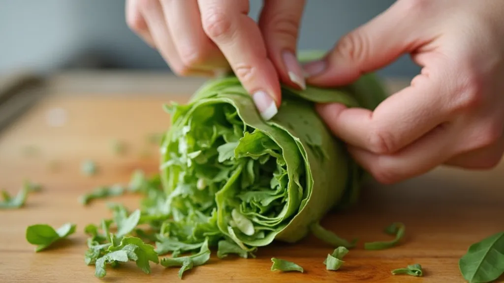 Basil leaves being sliced into chiffonade ribbons