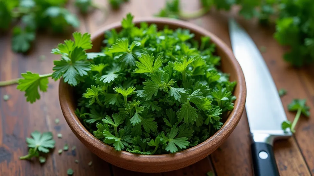 A bowl of chopped parsley and cilantro
