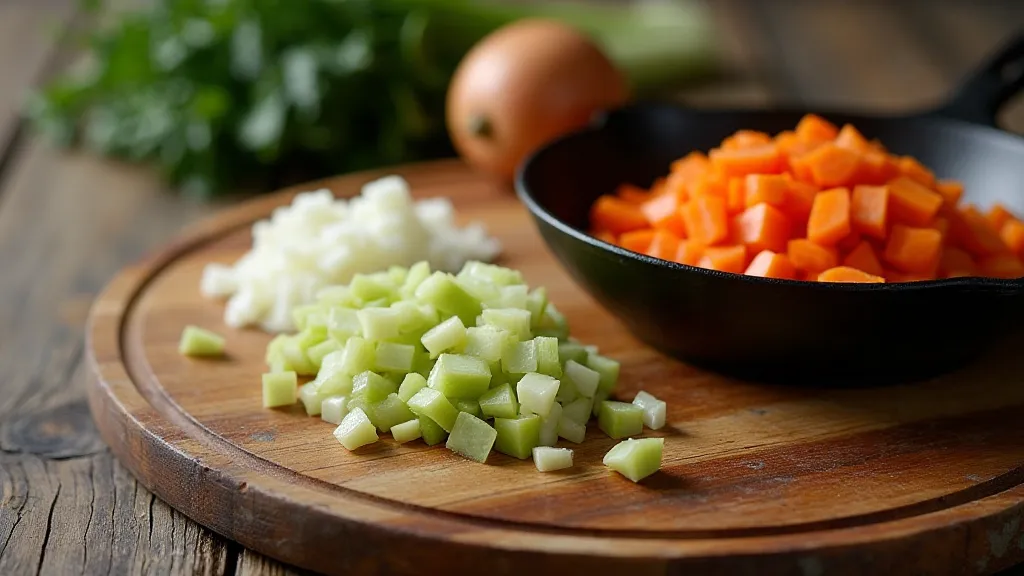 Caramelized mirepoix in a cast iron pan