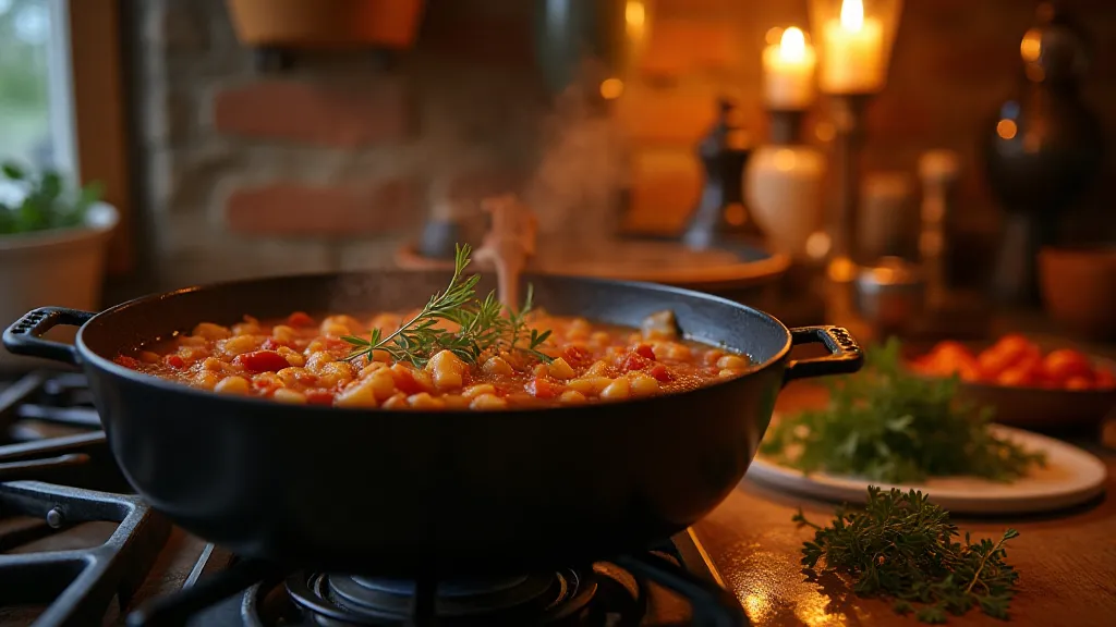 Cozy kitchen with a simmering pot of stew