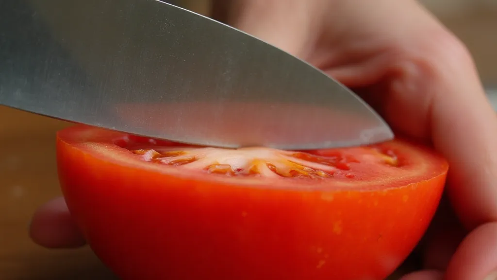 Chef's knife slicing a tomato